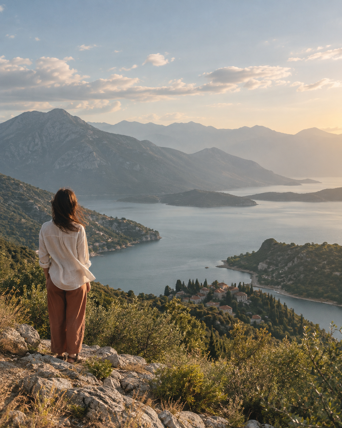 Una viaggiatrice osserva un lago tra le montagne